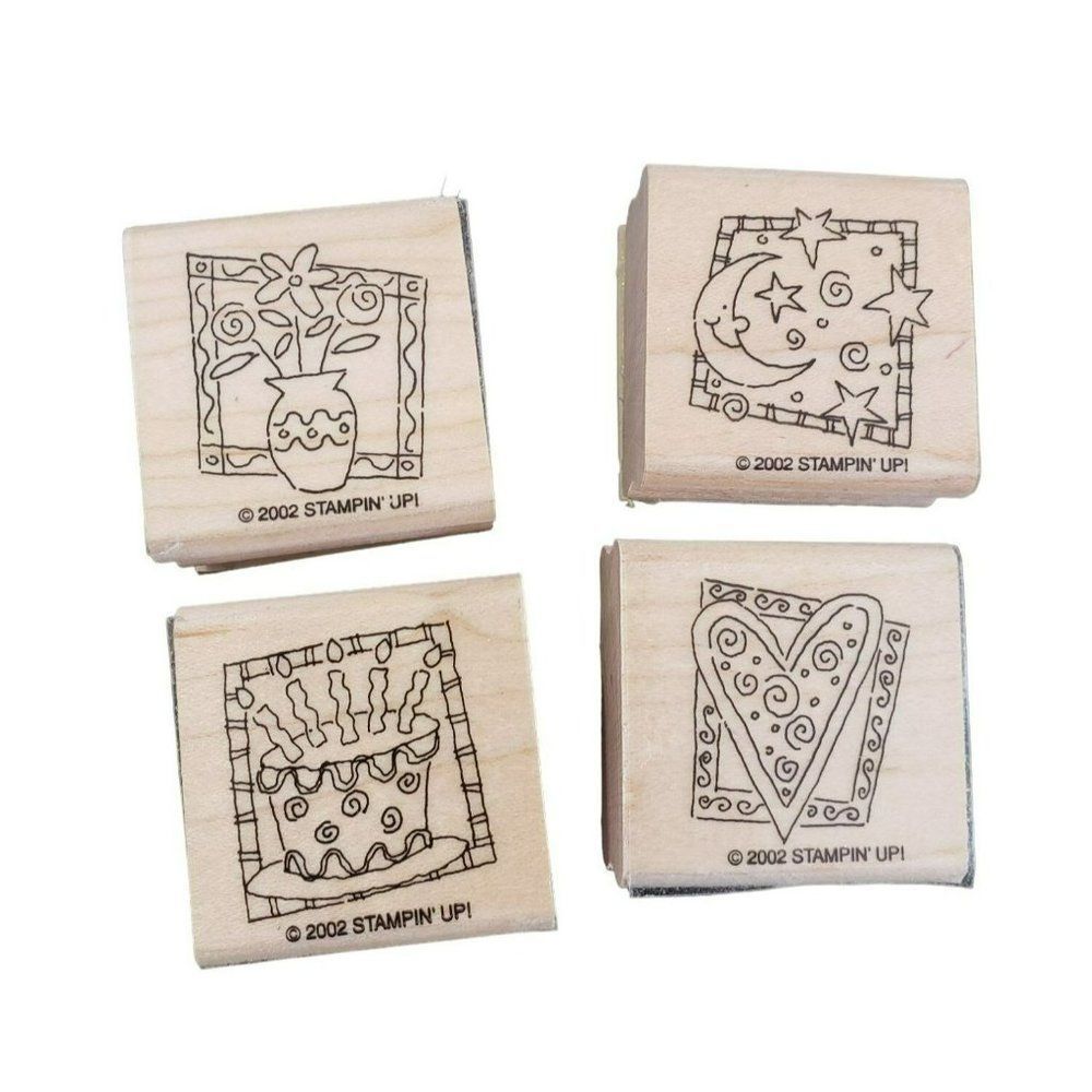 Stampin Up 2002 Wood Mounted Rubber Stamps Set of 4 Heart Cake Moon Flower